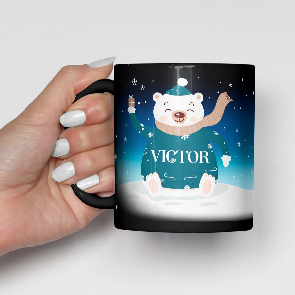 Tazza nera personalizzata con il tuo nome e una frase - Happy Bear