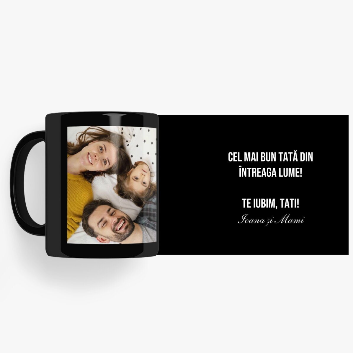 Tazza nera personalizzata con una foto e un messaggio