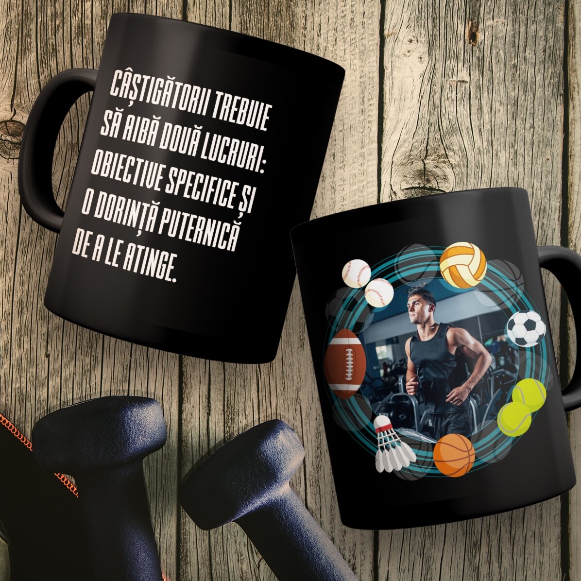 Tazza nera personalizzata con scritta per gli sportivi