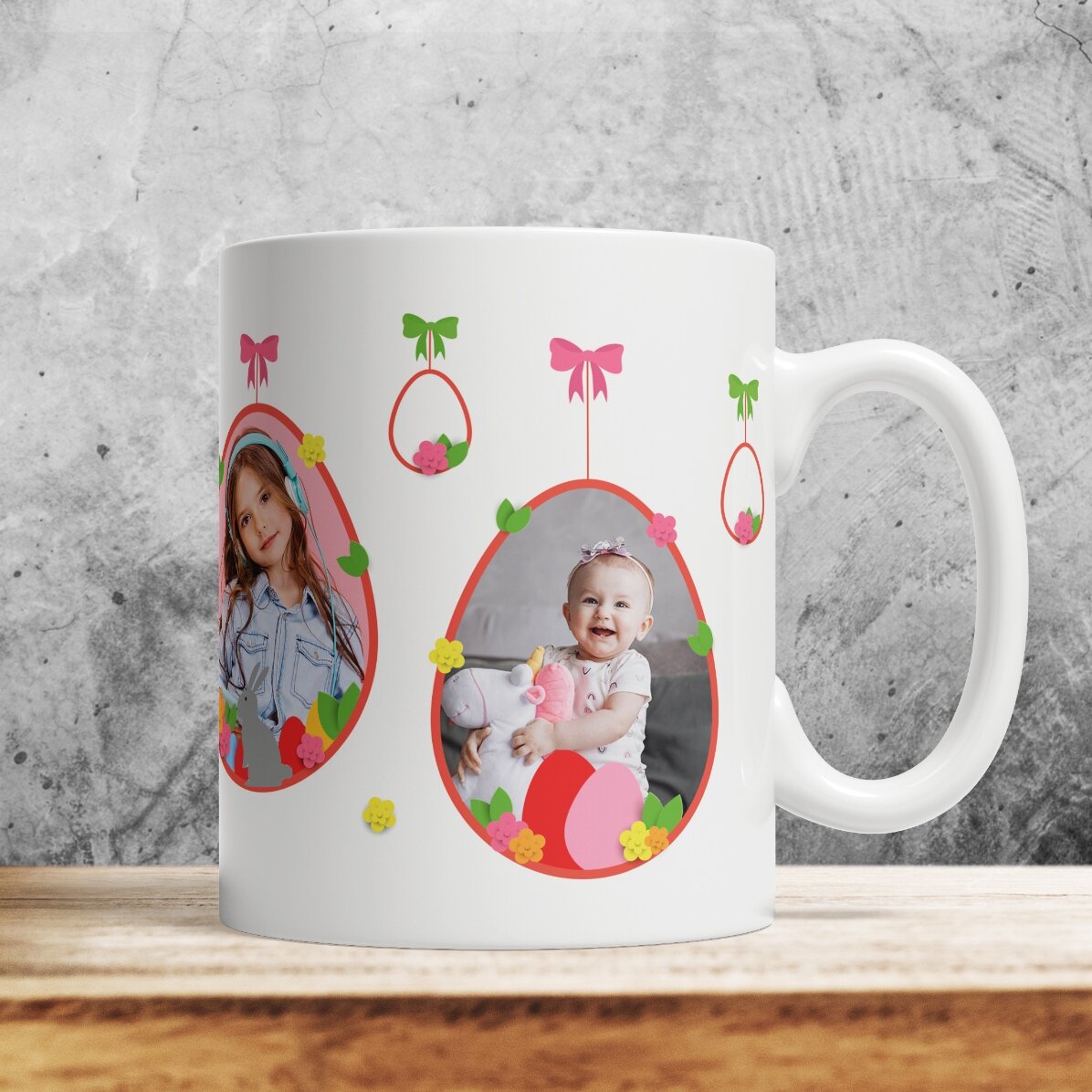 Tazza personalizzata con 2 foto e un testo - Buona Pasqua