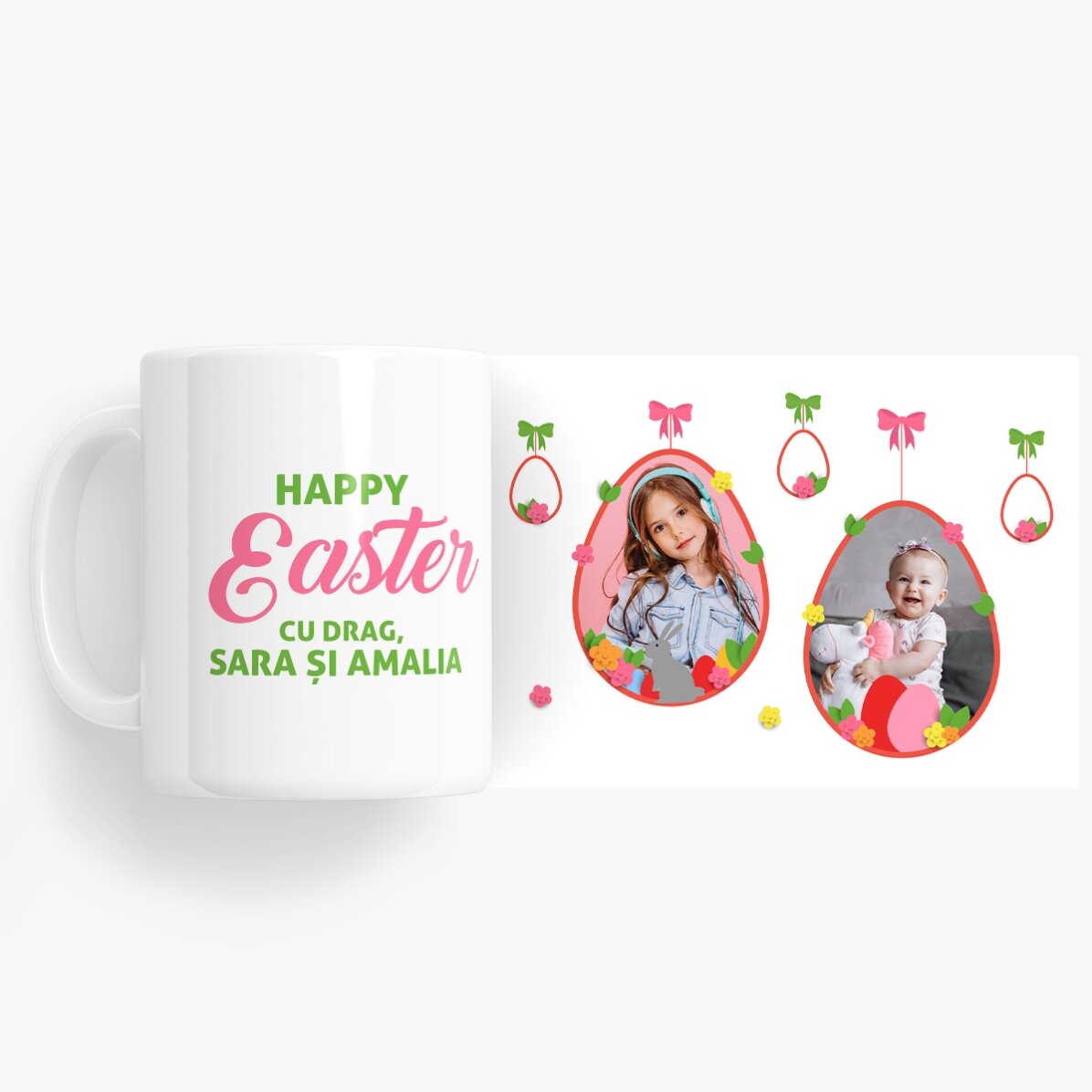 Tazza personalizzata con 2 foto e un testo - Buona Pasqua