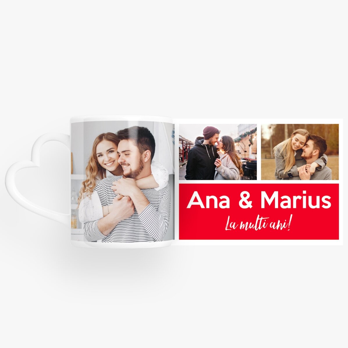 Tazza personalizzata con 3 foto e testo - modello con manico a forma di cuore