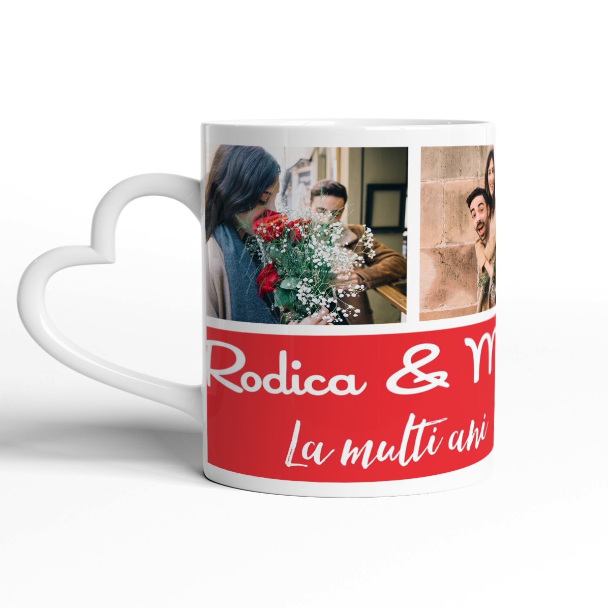 Tazza personalizzata con 3 foto e testo - modello con manico a forma di cuore