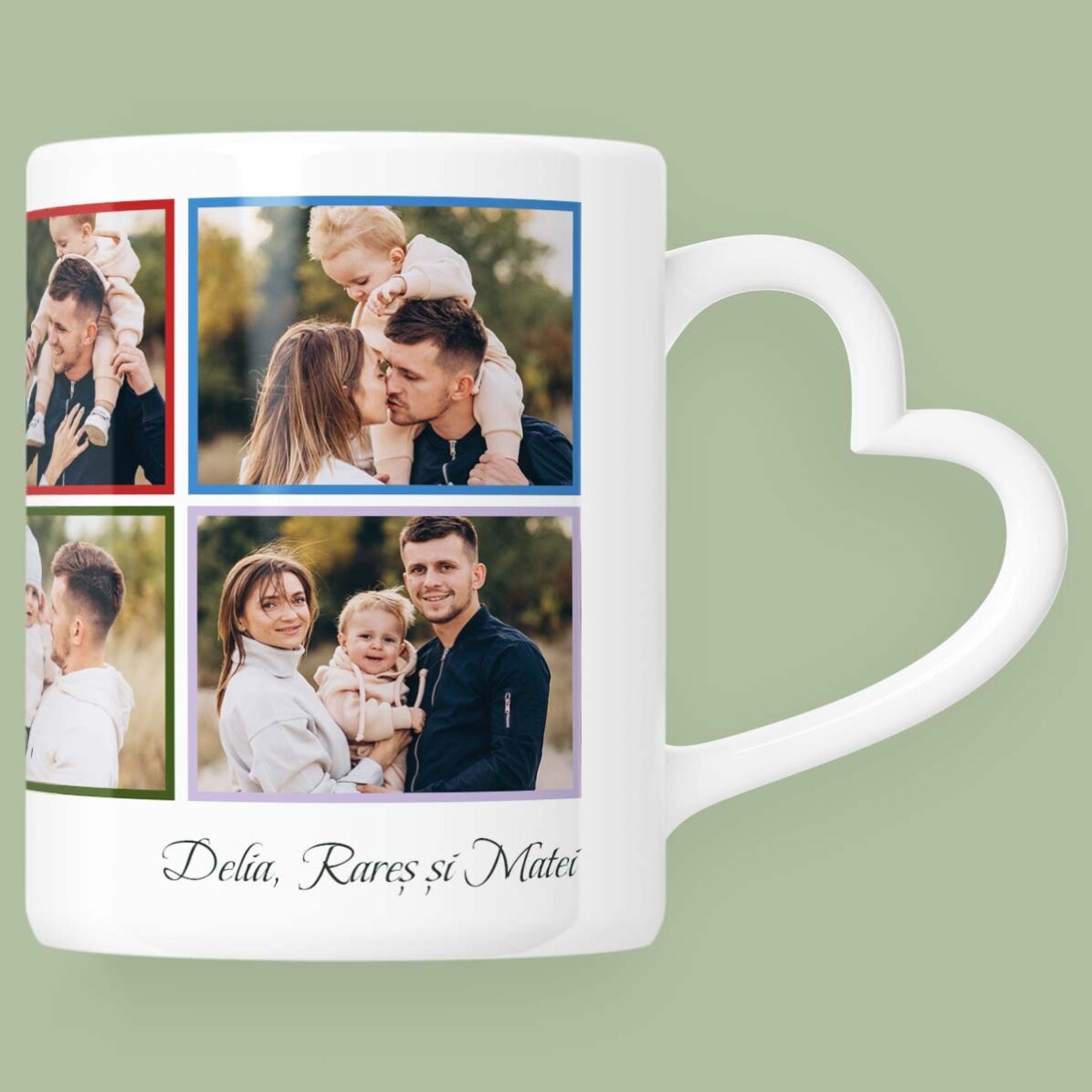 Tazza personalizzata con 8 foto e testo - modello con manico a forma di cuore