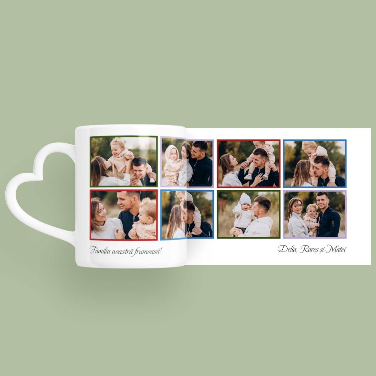 Tazza personalizzata con 8 foto e testo - modello con manico a forma di cuore