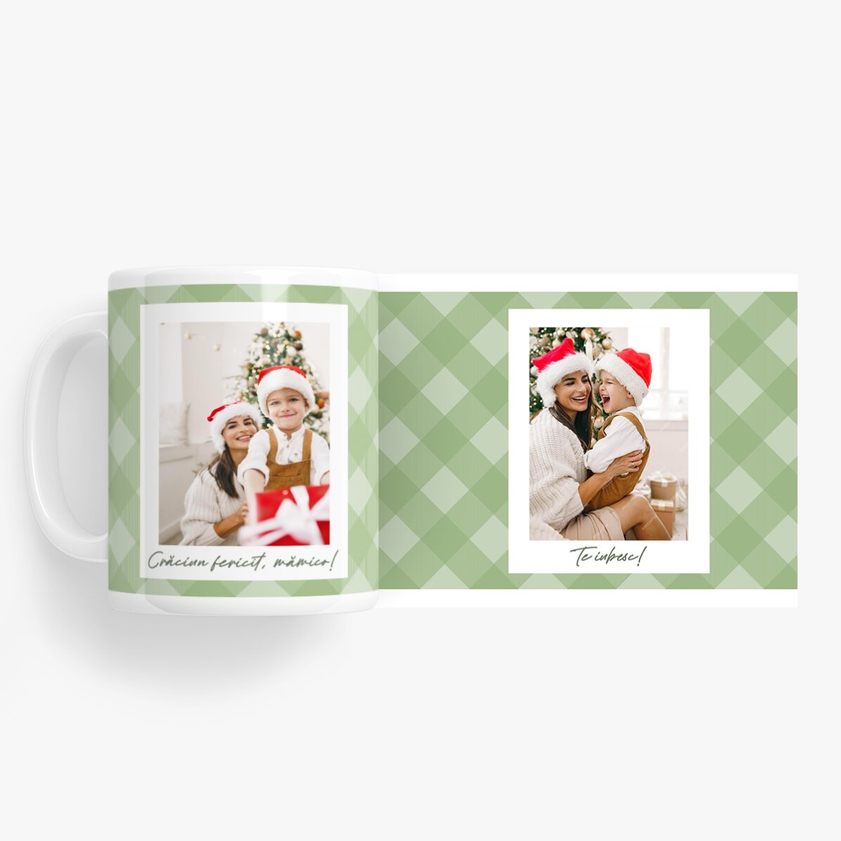 Tazza personalizzata con due foto e un testo - Quadretti verdi