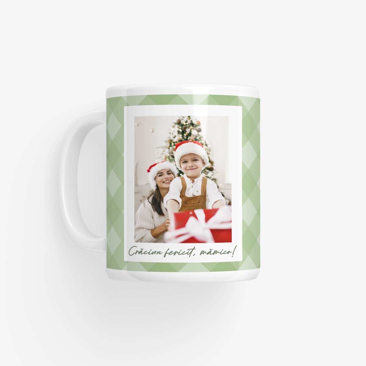 Tazza personalizzata con due foto e un testo - Quadretti verdi