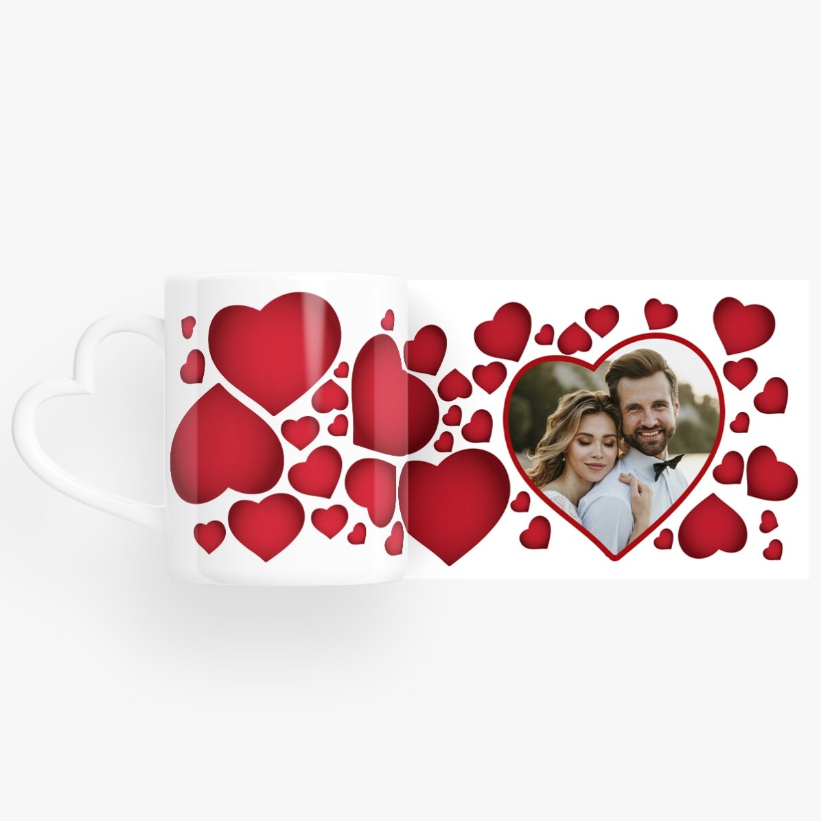 Tazza personalizzata con cuoricini e una foto - modello con manico a forma di cuore