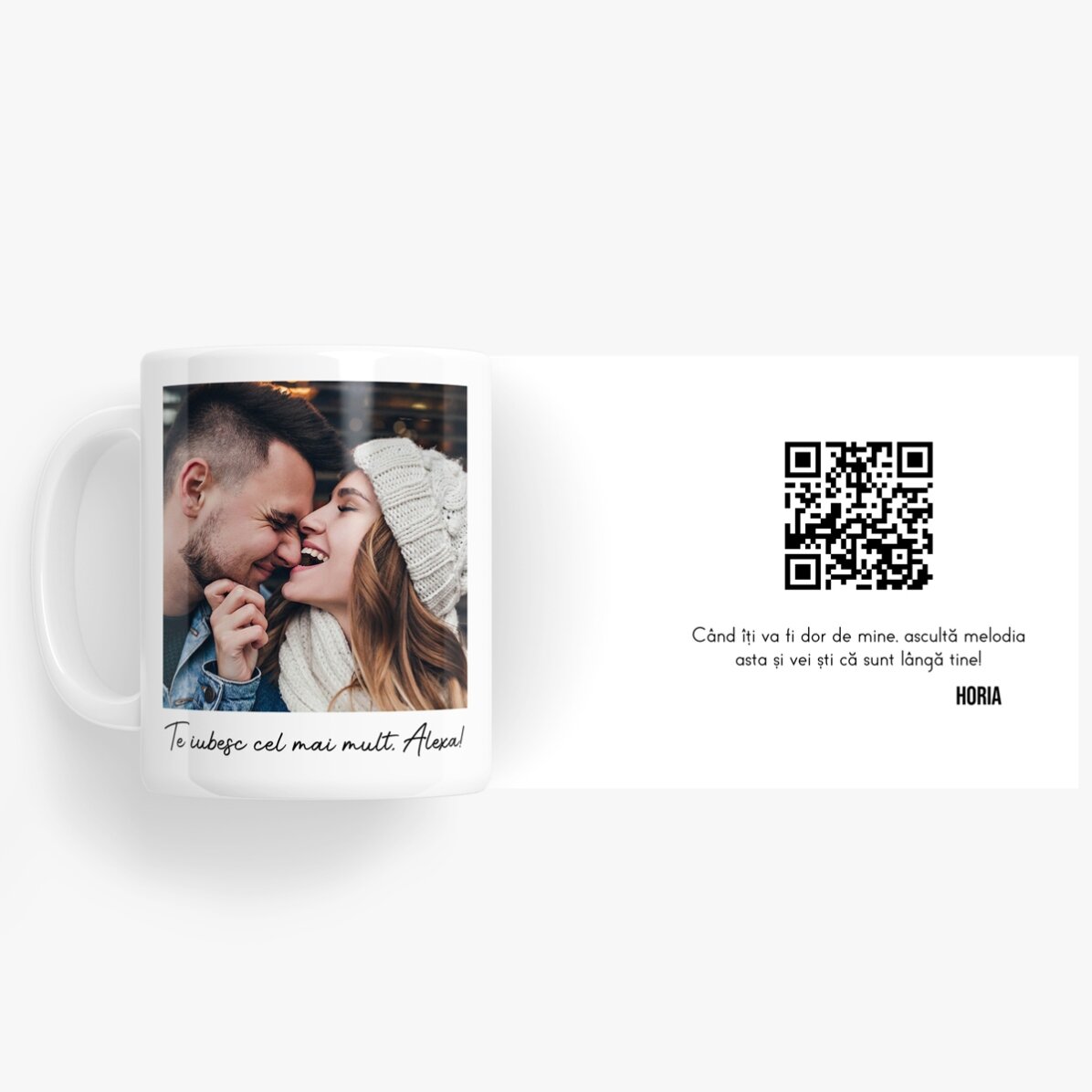 Tazza personalizzata con una foto, un messaggio e un codice QR