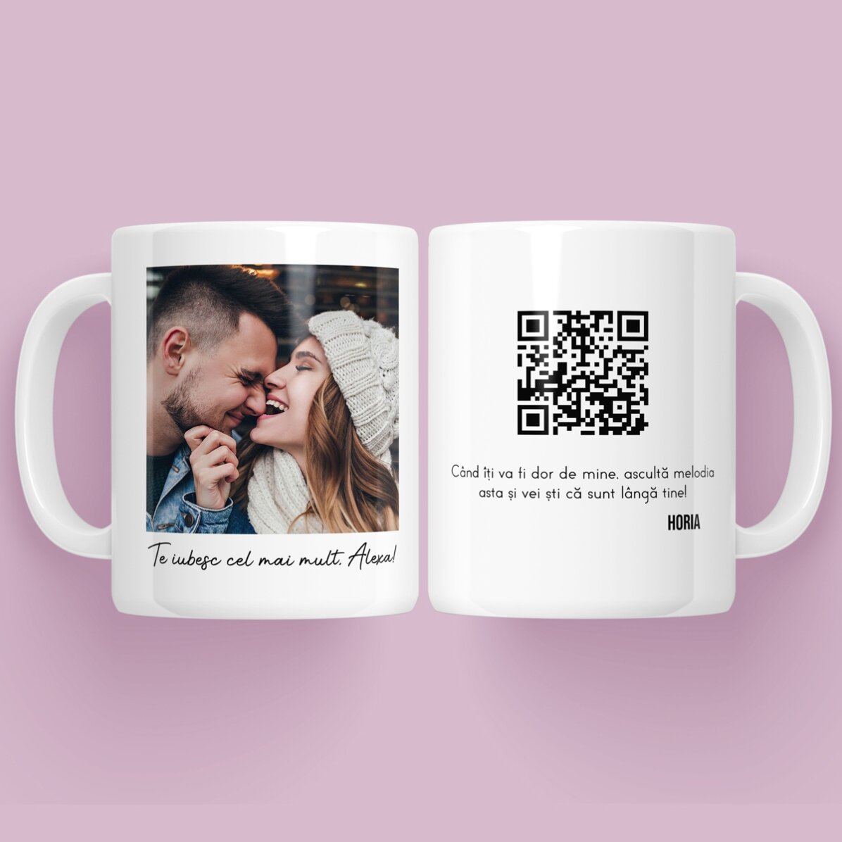 Tazza personalizzata con una foto, un messaggio e un codice QR