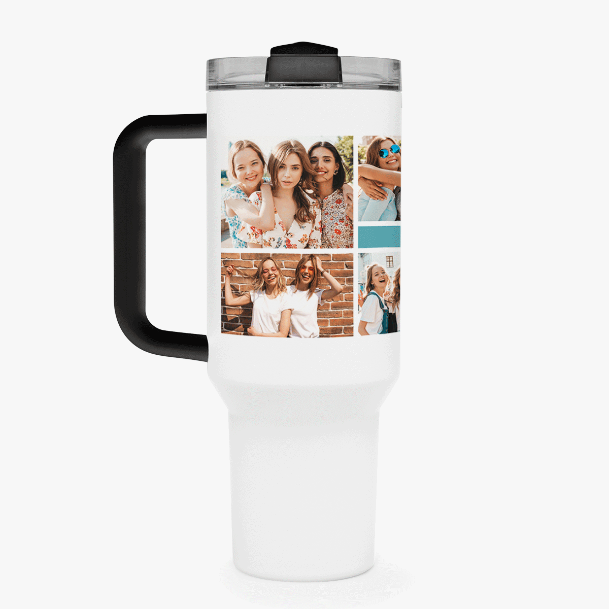 Tazza termica con manico e cannuccia, personalizzata con un collage di foto e un messaggio