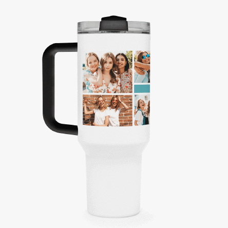 Thermos mug with handle and straw, personalised with a collage of photos and a message