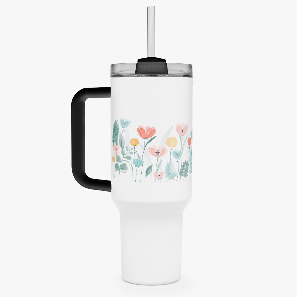 Tazza termica con manico e cannuccia personalizzata con nome - Flowers