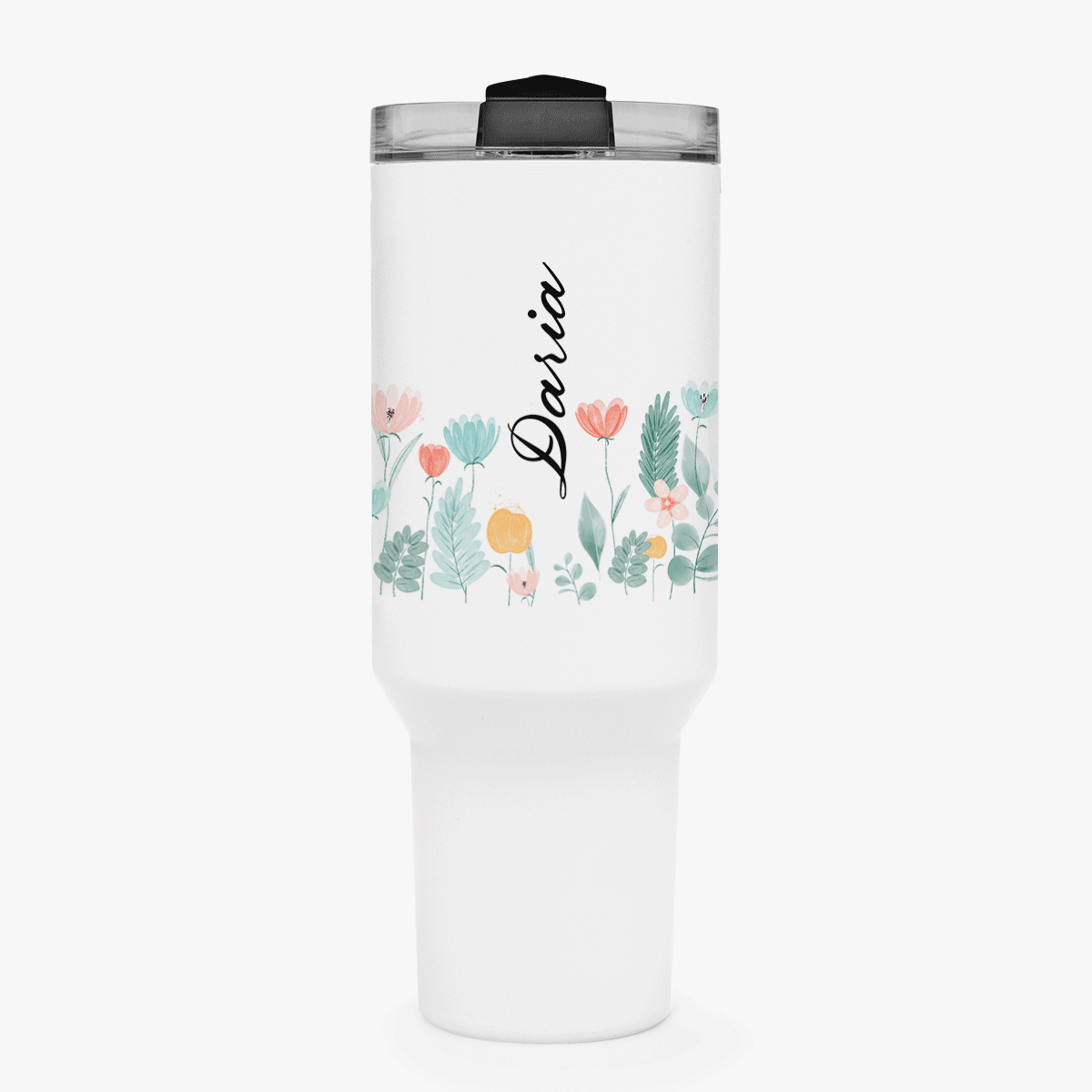 Tazza termica con manico e cannuccia personalizzata con nome - Flowers