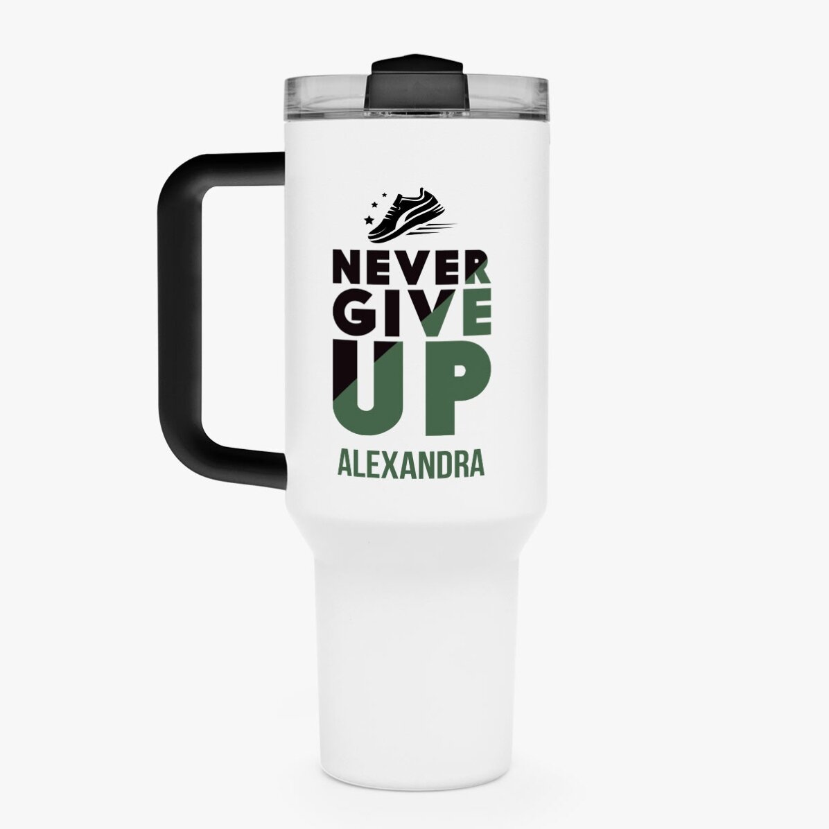 Tazza termica con manico e cannuccia personalizzata con nome - Never give up
