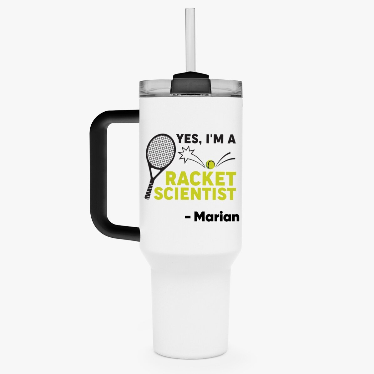 Tazza termica con manico e cannuccia personalizzata con scritta - Racket scientist
