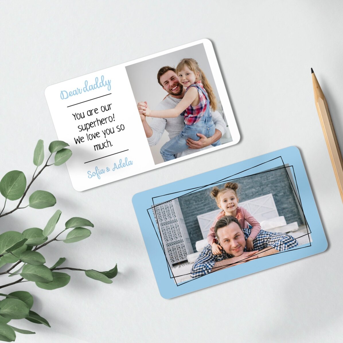 Tessera in alluminio personalizzata fronte-retro con 2 foto e un messaggio