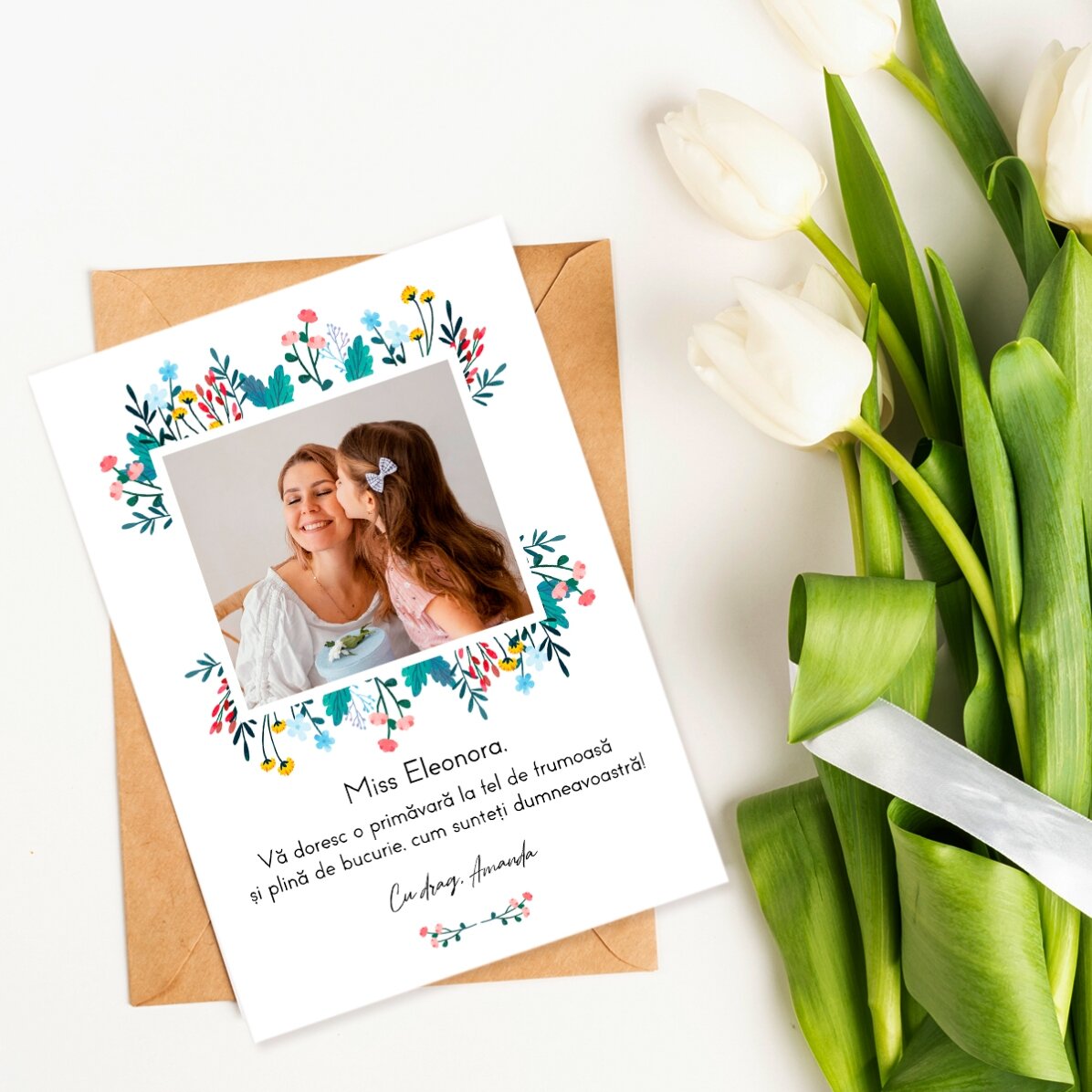 Biglietto personalizzato con una foto e un messaggio di primavera