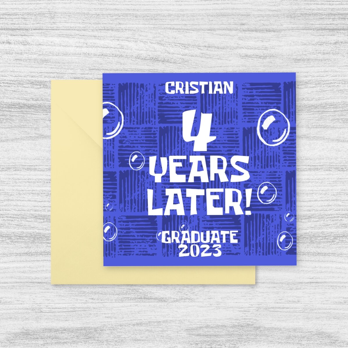 Personalised square card with text - 4 years later