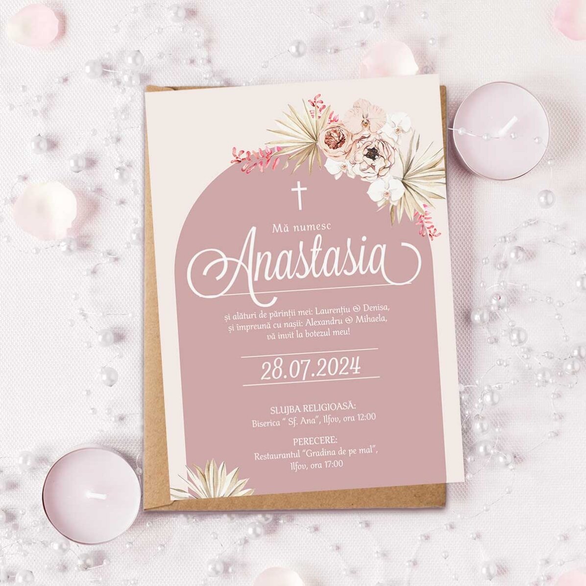 Personalised card with text - Christening invitation - Pink Elegance