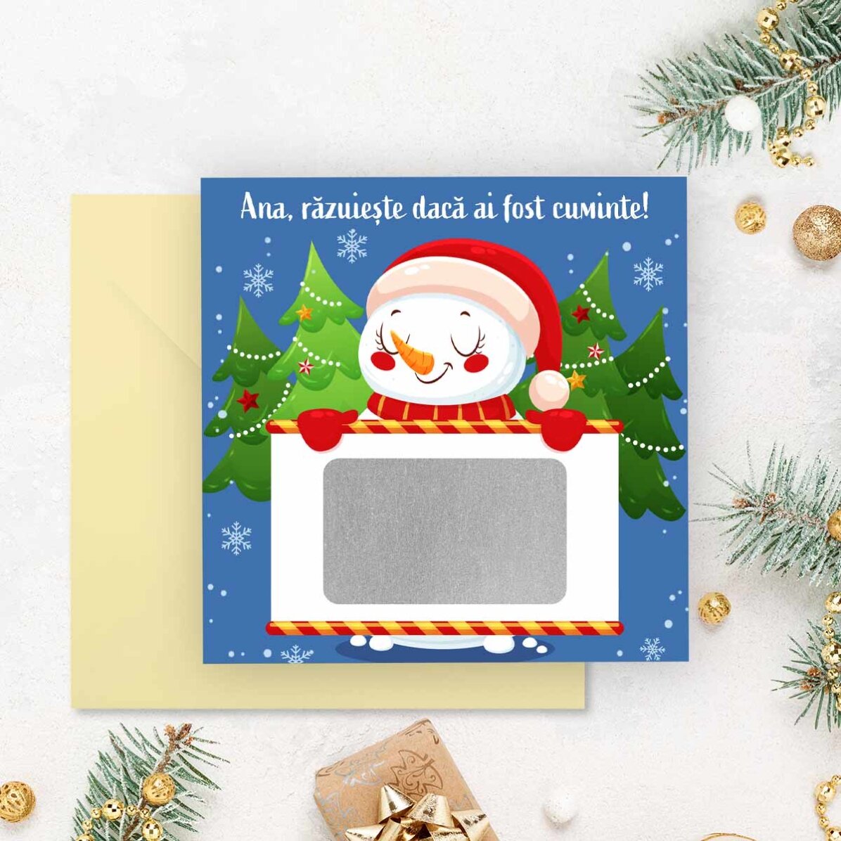 Cartolina gratta e vinci personalizzata con messaggio - Pupazzo di neve
