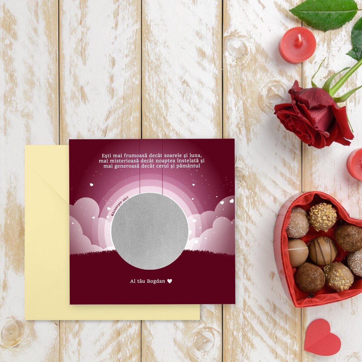 Biglietto gratta e vinci personalizzato con messaggio - Paesaggio notturno di San Valentino