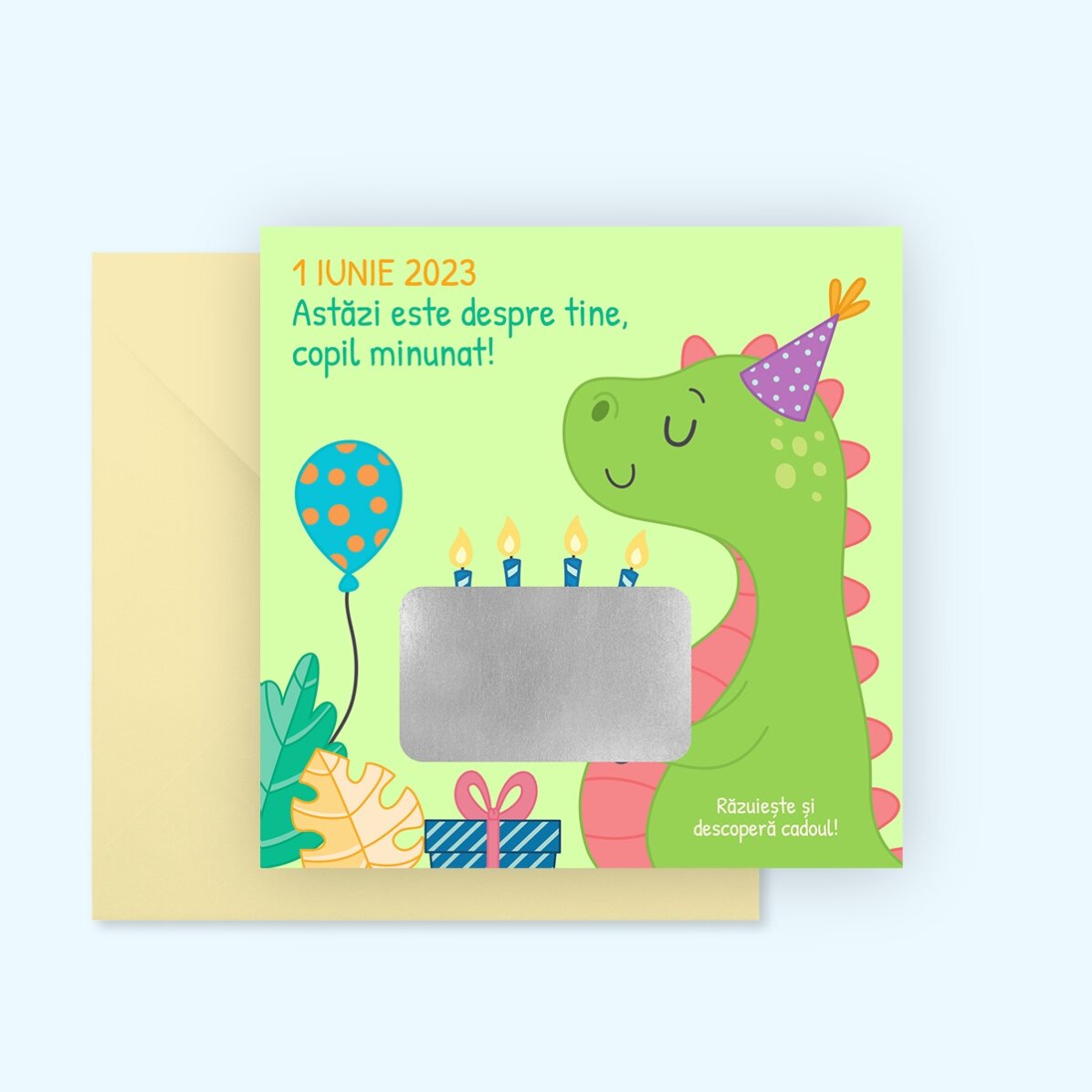 Biglietto gratta e vinci personalizzato con messaggio per bambini - Dino