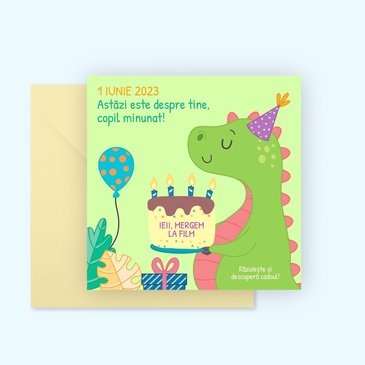 Biglietto gratta e vinci personalizzato con messaggio per bambini - Dino