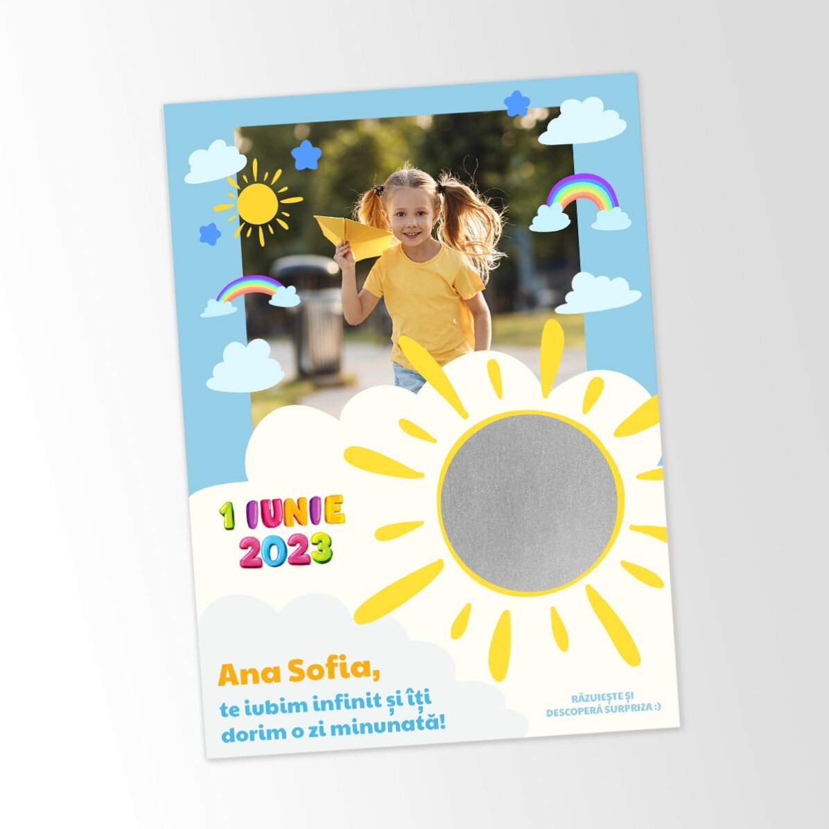 Biglietto gratta e vinci personalizzato con foto e messaggio per i bambini, per il 1° giugno
