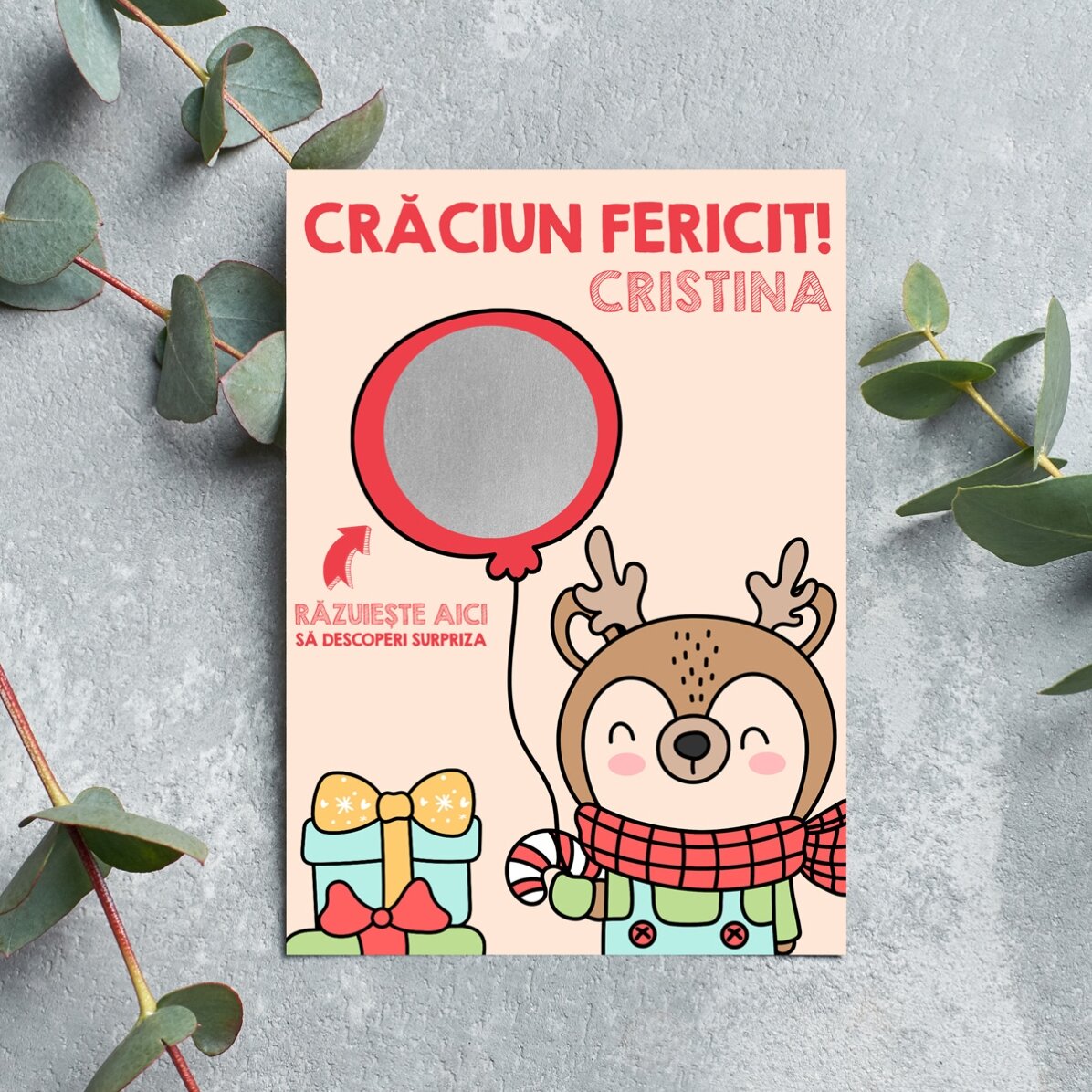 Cartolina di Natale personalizzata da grattare - Renna con palloncino