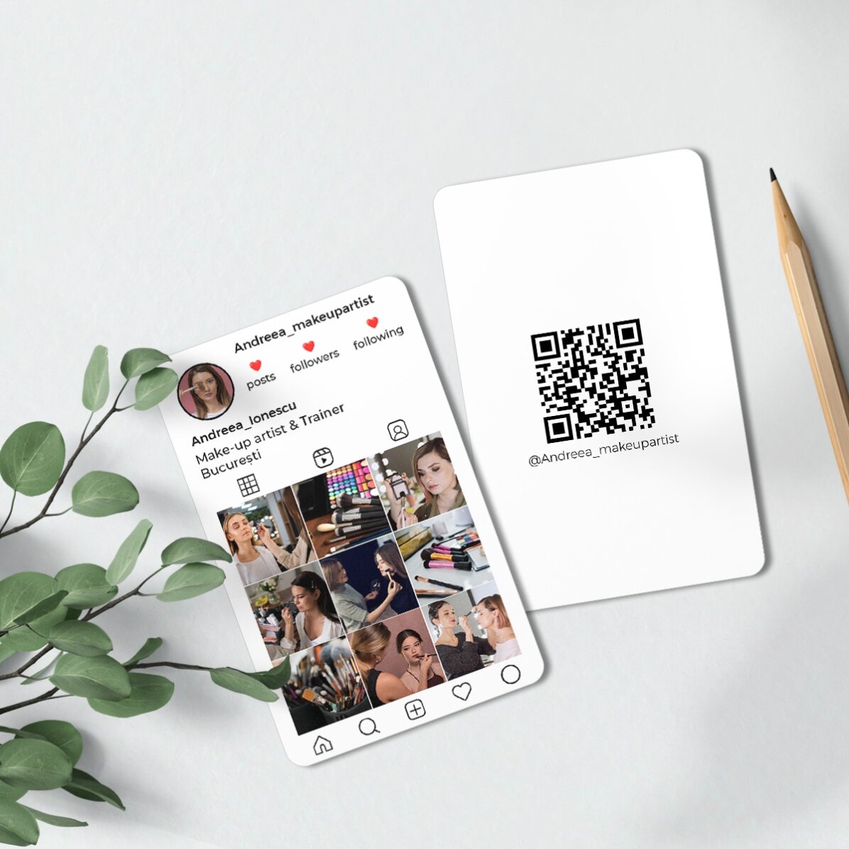 Biglietto da visita personalizzato in alluminio, fronte-retro, con codice QR, testo e foto - Instagr