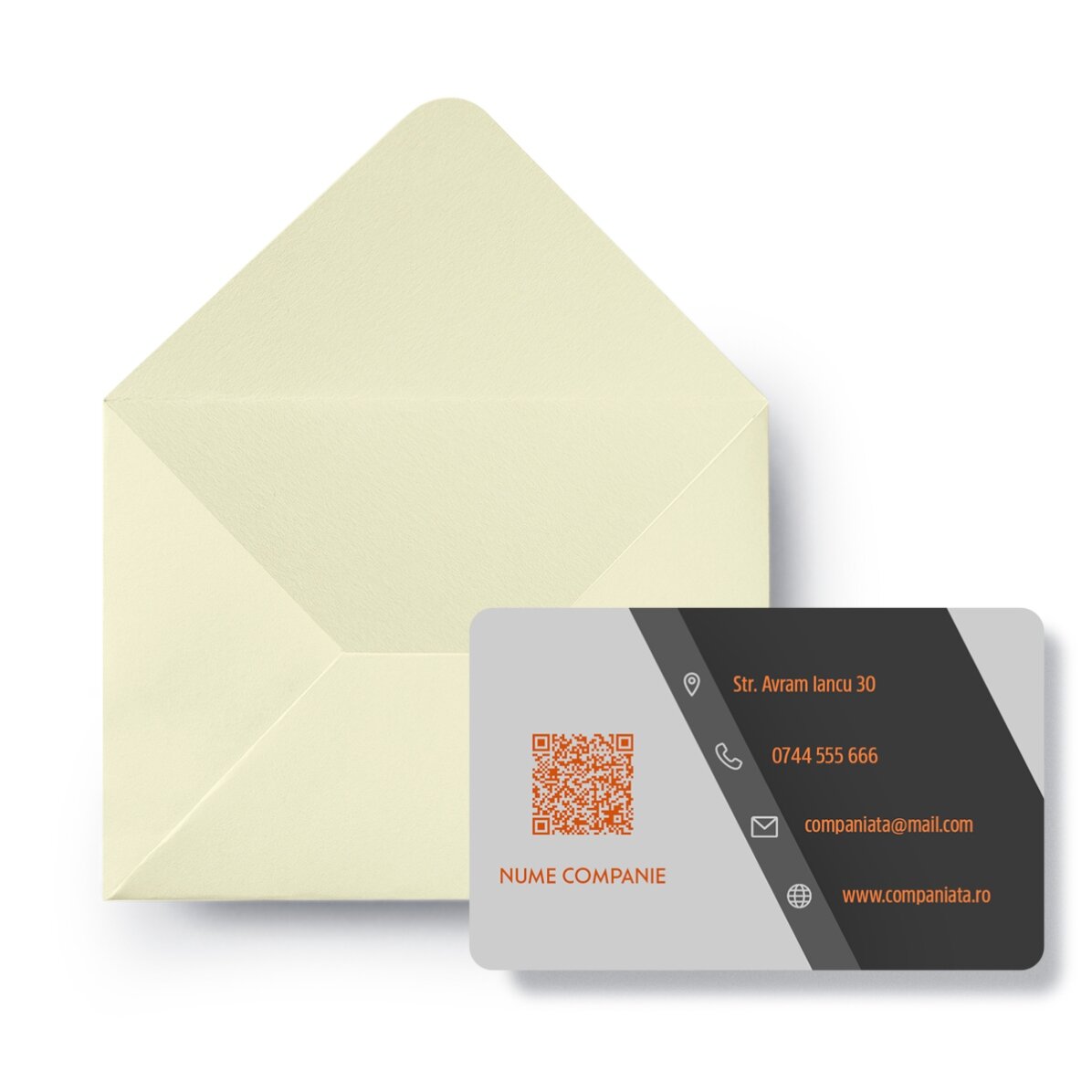 Biglietto da visita in alluminio personalizzato fronte-retro con logo, codice QR e testo