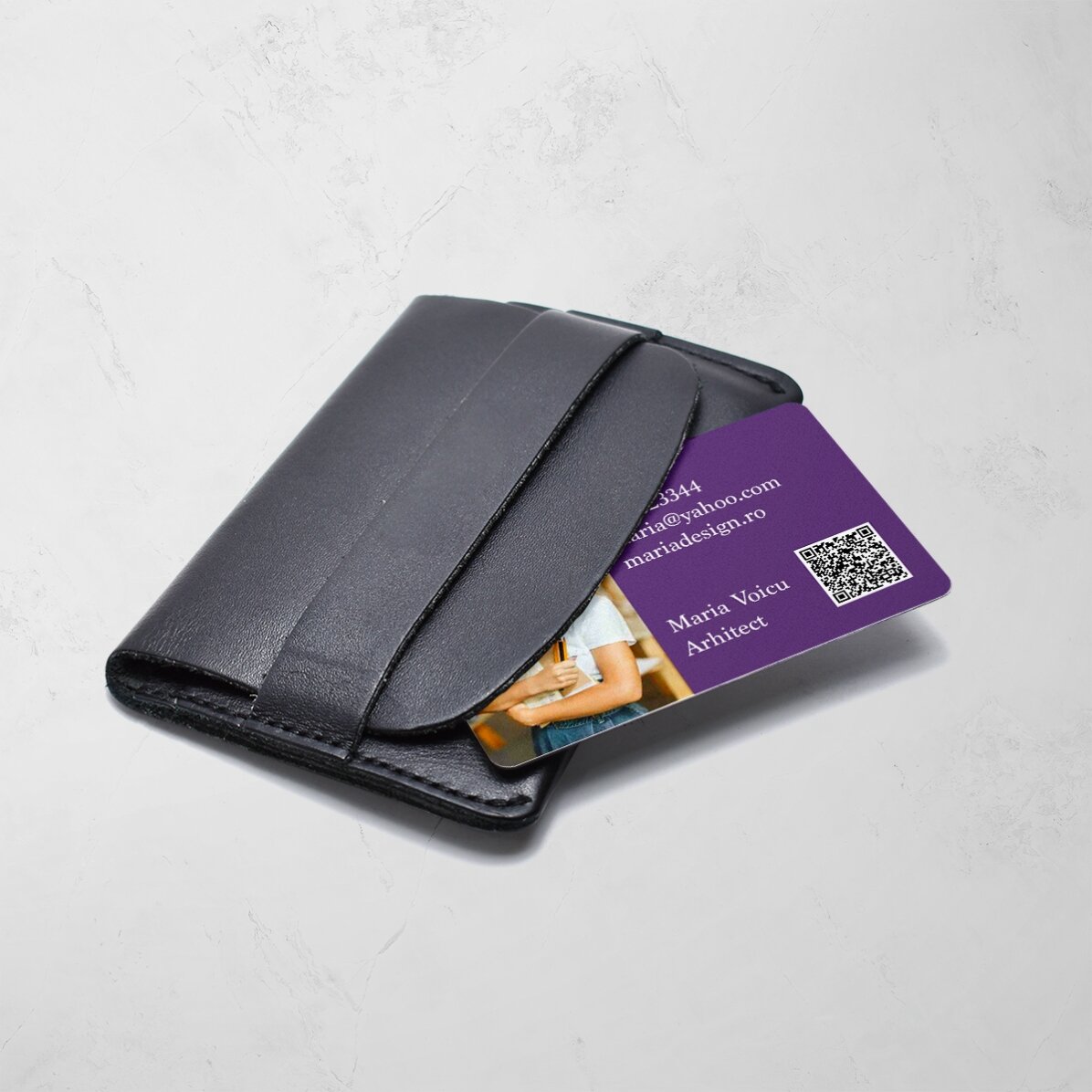 Biglietto da visita in alluminio personalizzato fronte-retro con foto, messaggio e codice QR - Monog