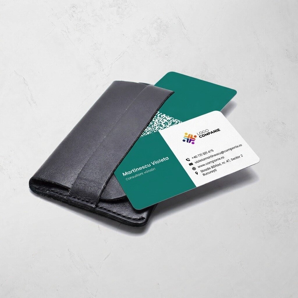 Biglietto da visita personalizzato in alluminio, con design a strisce colorate, logo e codice QR