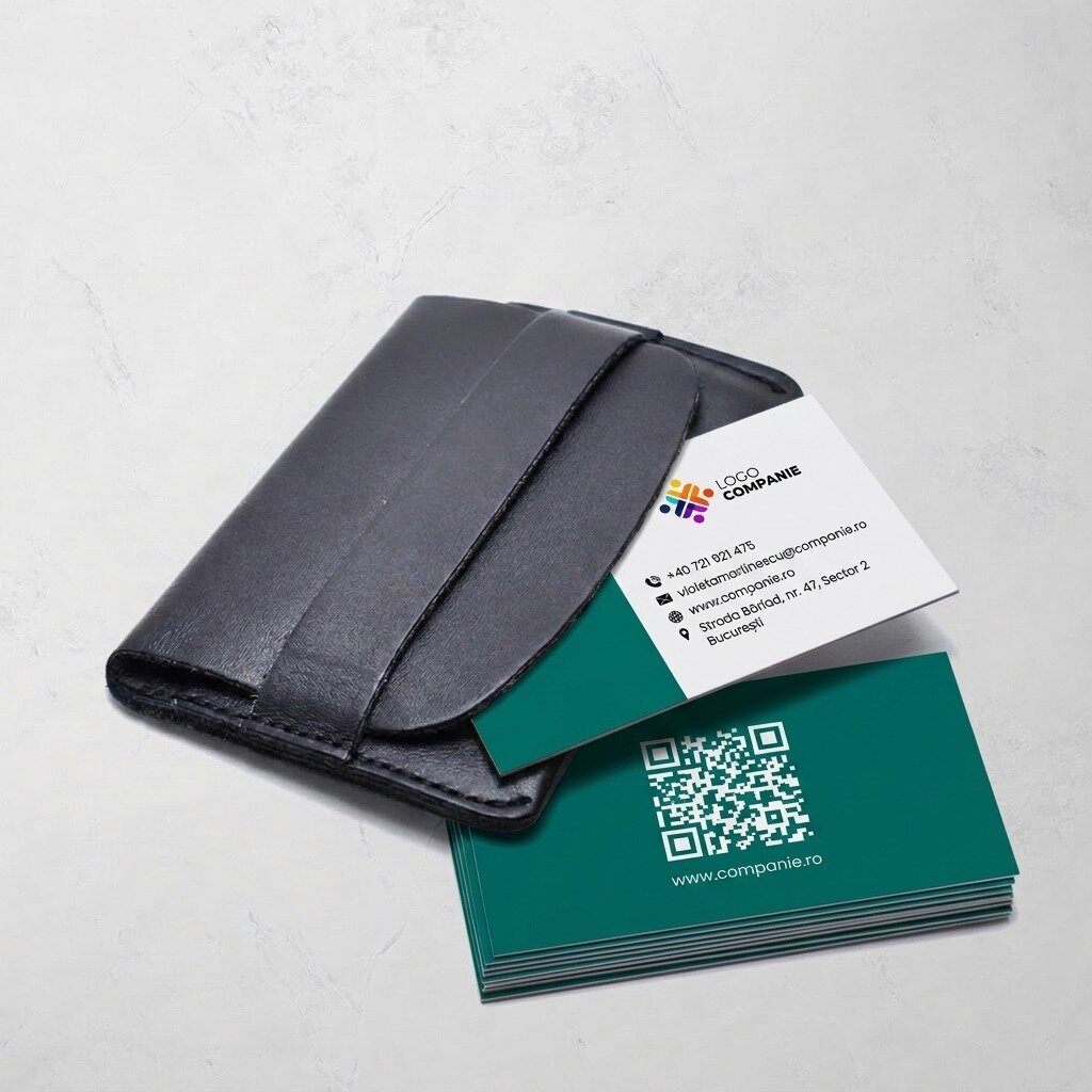 Biglietti da visita personalizzati su carta, con design a strisce colorate, logo e codice QR