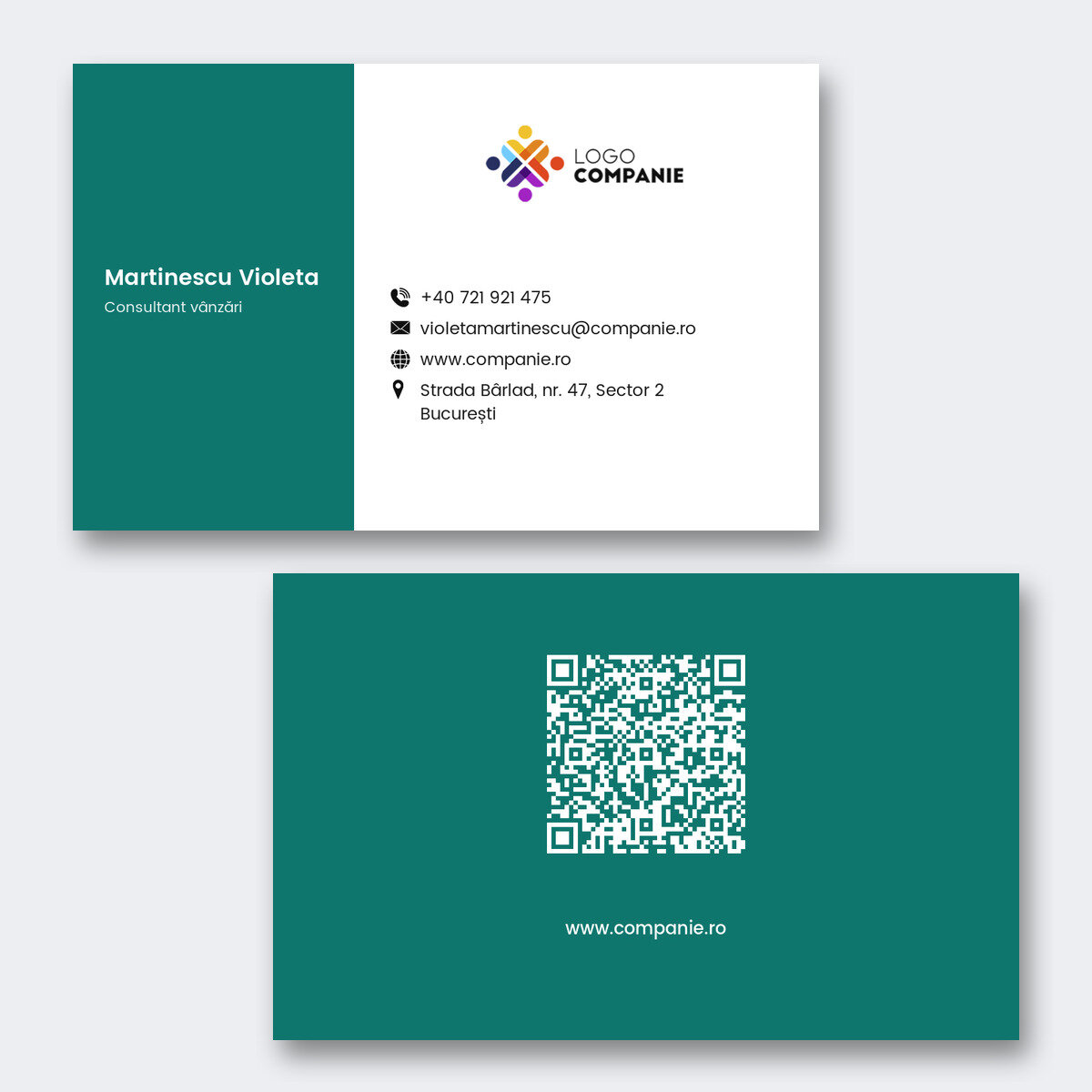 Biglietti da visita personalizzati su carta, con design a strisce colorate, logo e codice QR