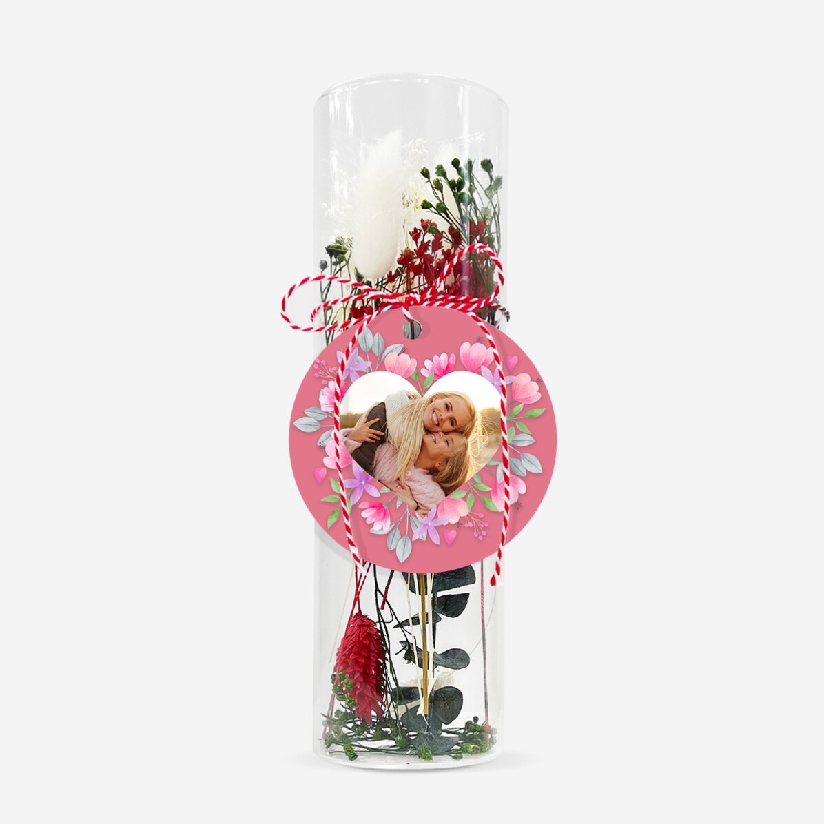 Decorazione in vetro con fiori stabilizzati, personalizzata con una foto - Fiori rosa
