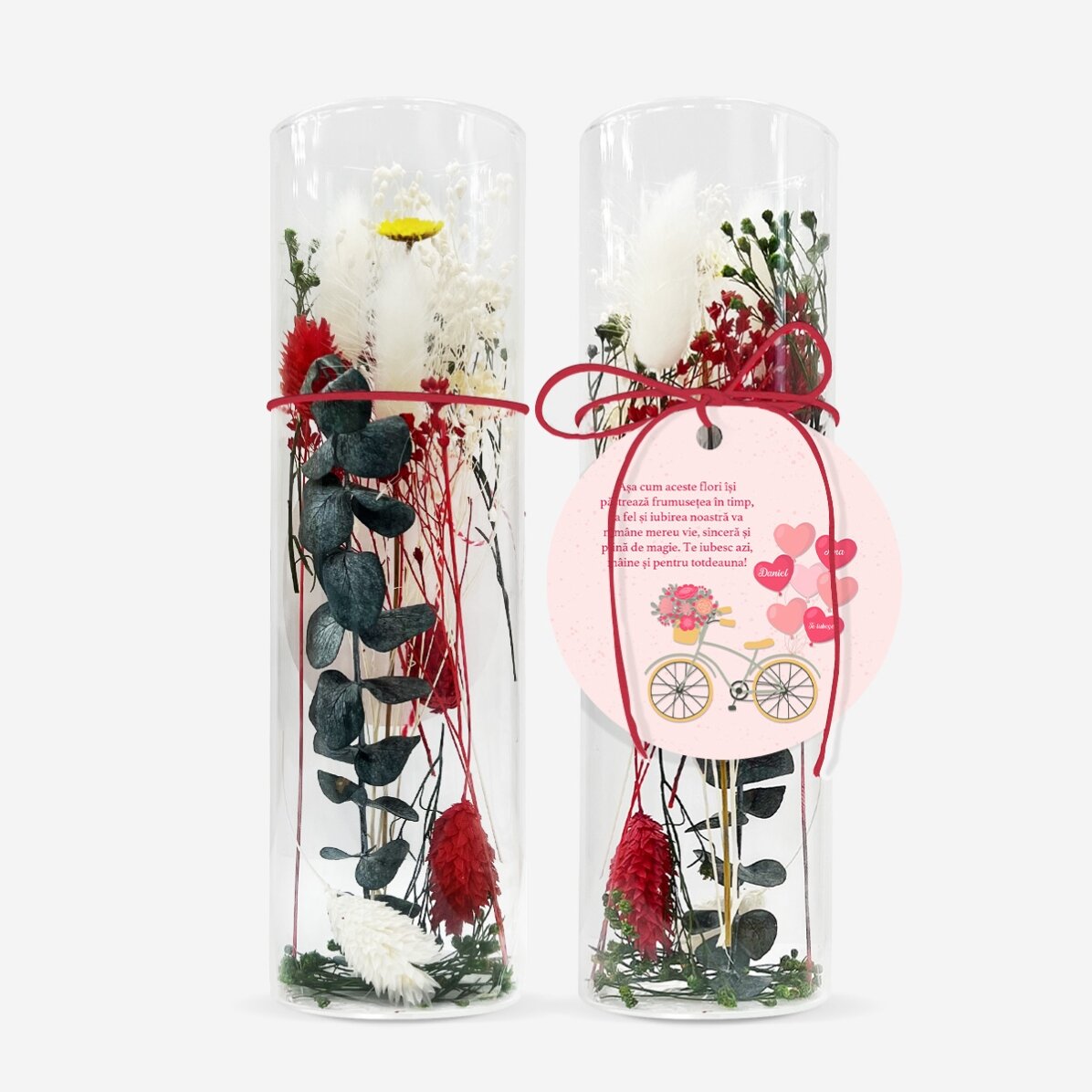 Decorazione in vetro con fiori stabilizzati, personalizzata con la scritta "Amore"
