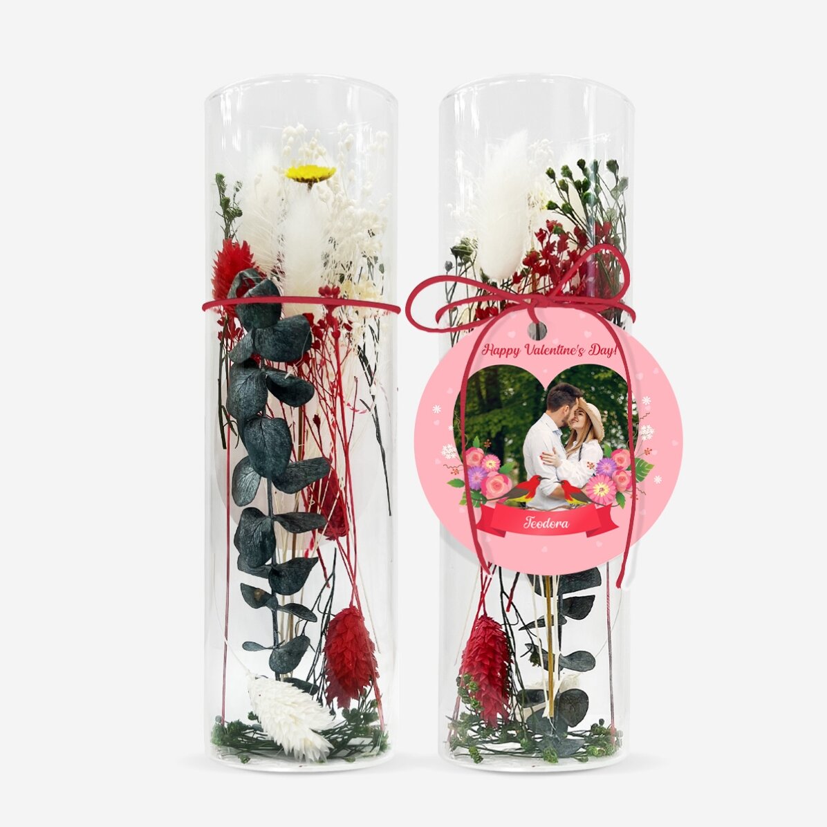 Decorazione in vetro con fiori stabilizzati, personalizzata con testo e foto - Love