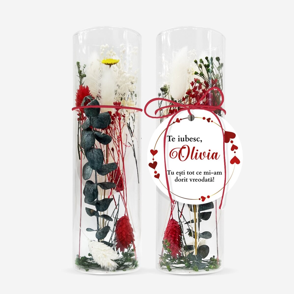 Decorazione in vetro con fiori stabilizzati, personalizzata con la scritta "Ti amo"