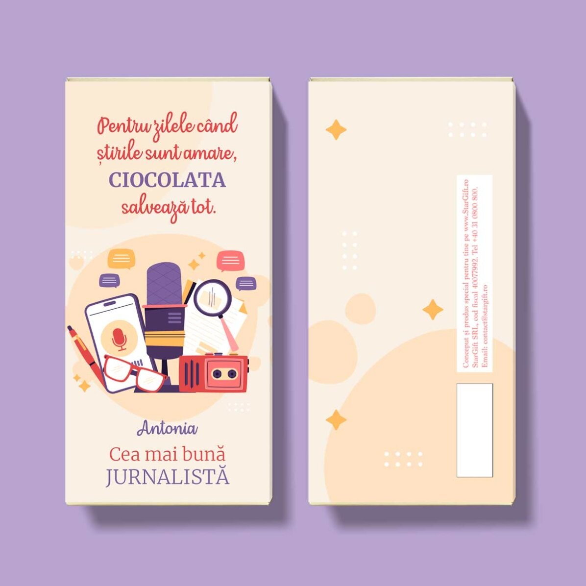 Cioccolato personalizzato con una dedica per un giornalista