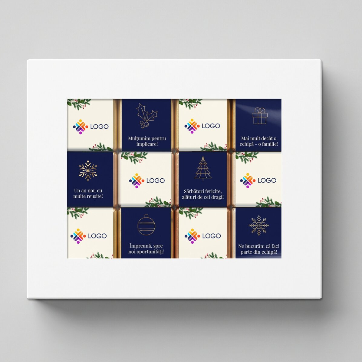 Confezione regalo con 12 mini cioccolatini personalizzati con logo e messaggio natalizio