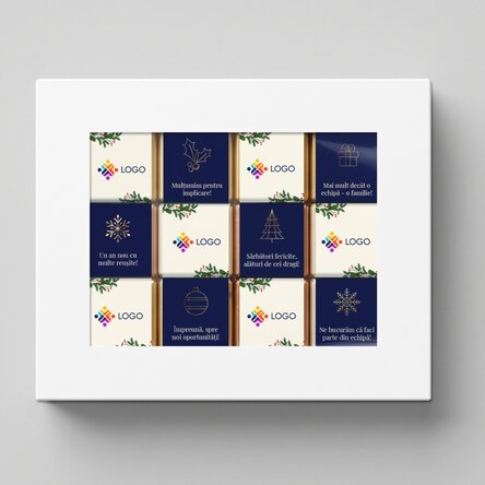 Confezione regalo con 12 mini cioccolatini personalizzati con logo e messaggio natalizio