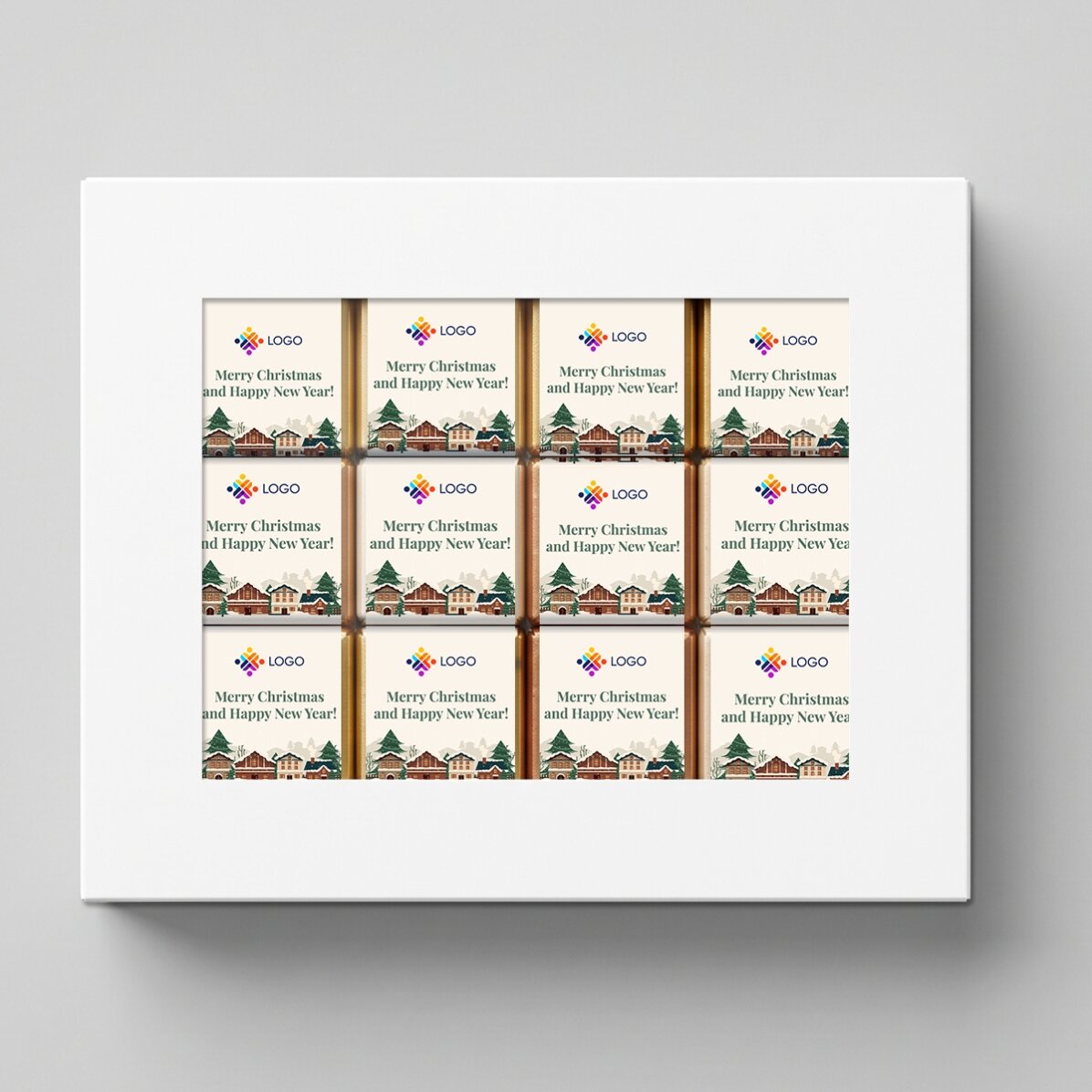 Confezione regalo con 12 mini cioccolatini personalizzati con logo e messaggi natalizi