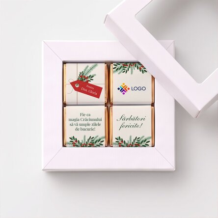 Confezione regalo con 4 mini cioccolatini personalizzati con logo e messaggio natalizio