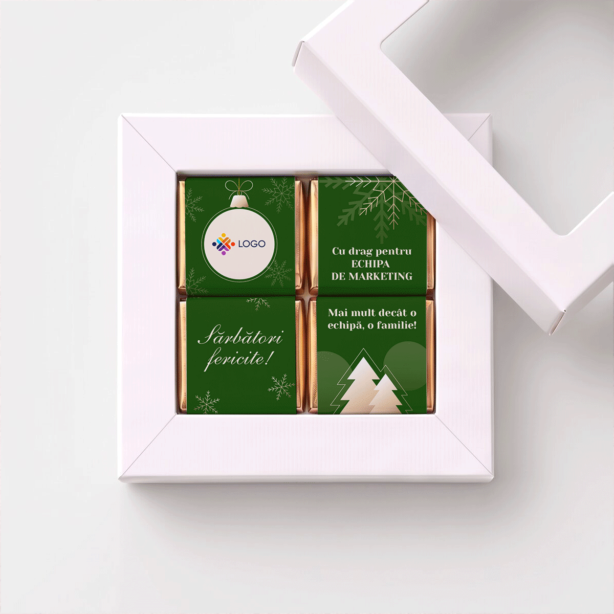 Confezione regalo con 4 mini cioccolatini personalizzati con logo e messaggio per il team