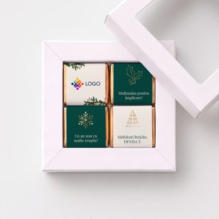 Confezione regalo con 4 mini cioccolatini personalizzati con logo e messaggio - Buone feste!