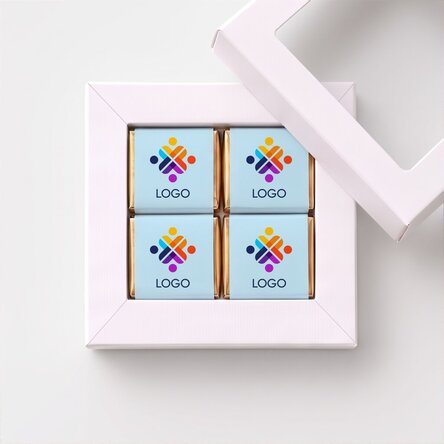 Confezione regalo con 4 mini cioccolatini personalizzati con logo