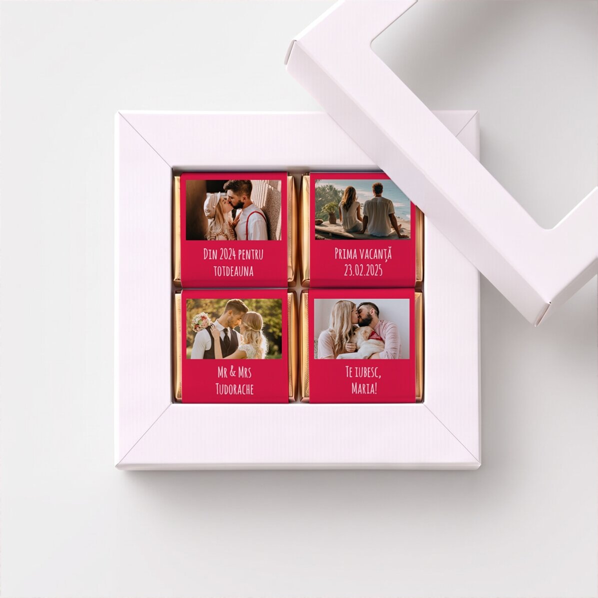 Confezione regalo con 4 mini cioccolatini personalizzati con foto e messaggio