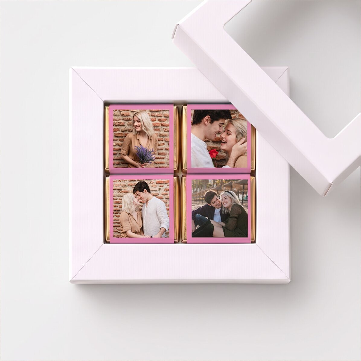 Confezione regalo con 4 mini cioccolatini personalizzati con foto